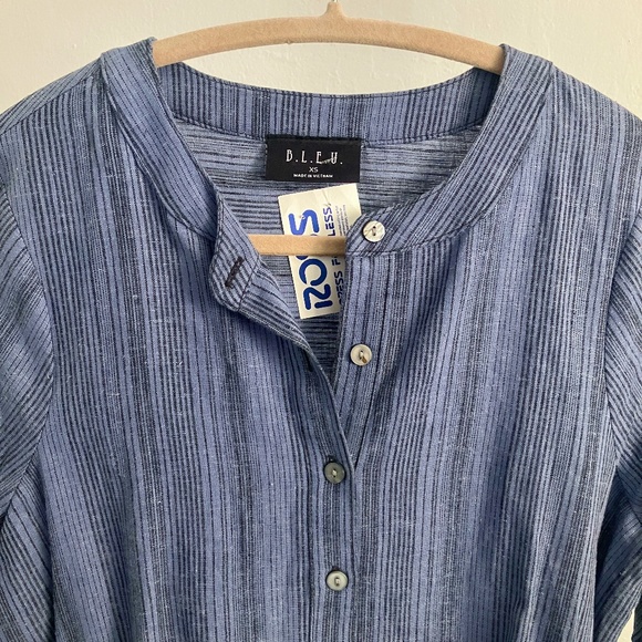 NWT B.L.E.U  linen blend long sleeve blue striped blouse boho top size XS - Picture 4 of 8